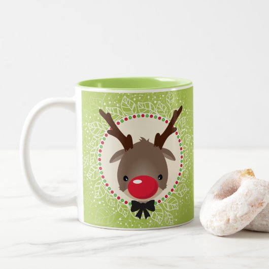 RENDIER KERST schattig rode neus rudolph groen Tweekleurige Koffiemok (Met donut)