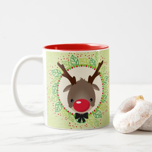 RENDIER KERST schattig rode neus rudolph groen Tweekleurige Koffiemok (Met donut)