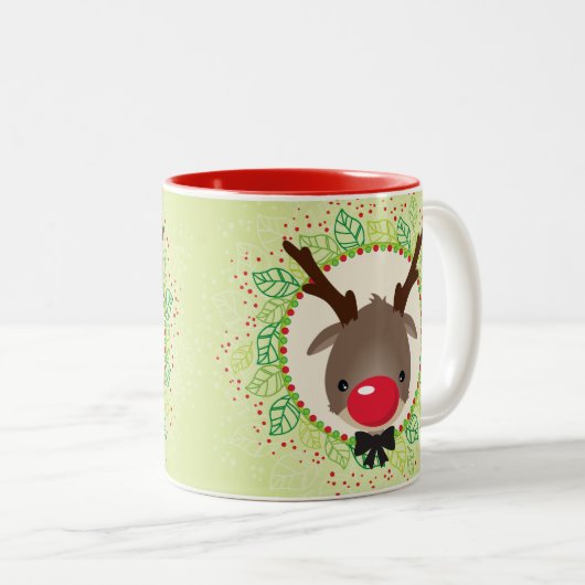 RENDIER KERST schattig rode neus rudolph groen Tweekleurige Koffiemok (Voorkant rechts)