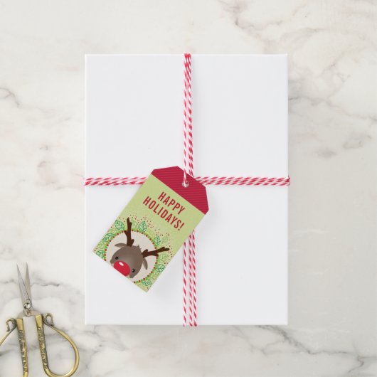 RENDIER KERST schattig rode neus rudolph rood groe Cadeaulabel (Met Touw)