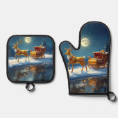 Rendier Kerst Slede Ovenwant & Pannenlap Set (Voorkant)