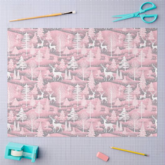 Rendier Kerstbomen Roze Patroon Kerstmis Tissuepapier (Craft)