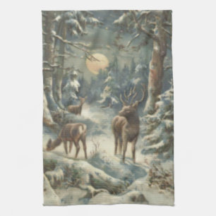 Rendier Kerstboom Groene Bos Sneeuw Theedoek