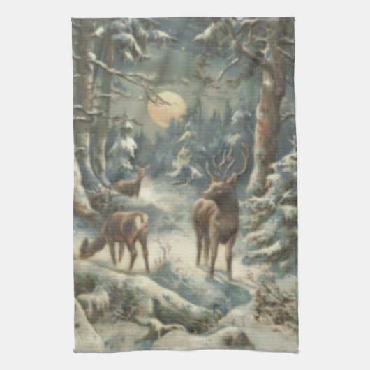 Rendier Kerstboom Groene Bos Sneeuw Theedoek (Verticaal)
