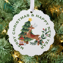 Rendier & Kerstboom op Wit, GEPERSONALISEERD Ornament Kaart