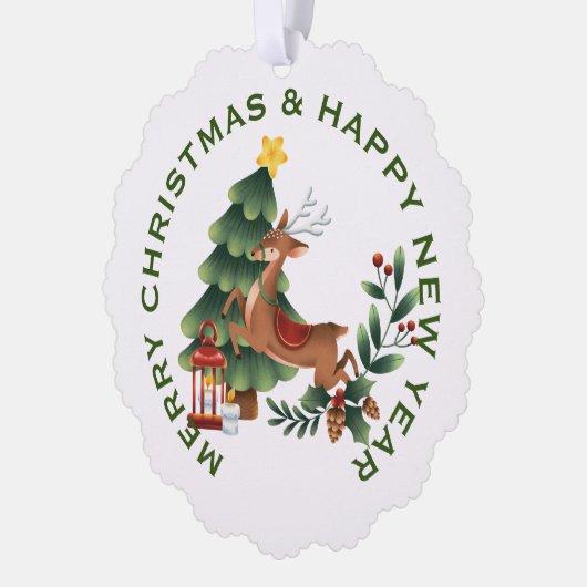 Rendier & Kerstboom op Wit, GEPERSONALISEERD Ornament Kaart (Links)