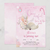 Rendier Kerstmis 1e Verjaardag roze Winterhert Kaart (Voorkant / Achterkant)