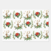 Rendier Kerstmis en rode poinsettia Inpakpapier Vel (Voorkant)