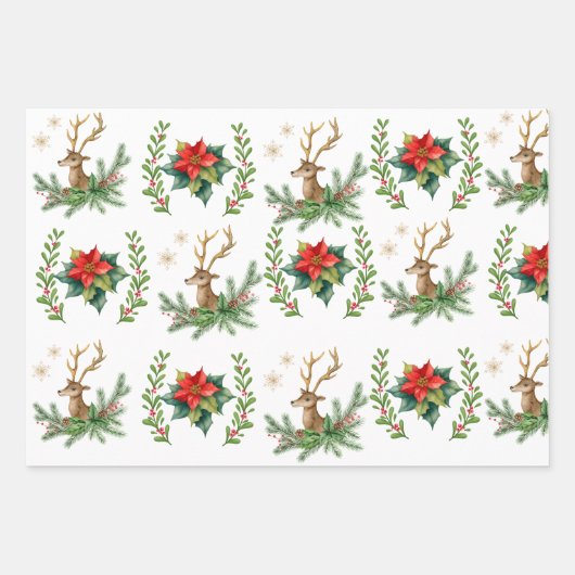 Rendier Kerstmis en rode poinsettia Inpakpapier Vel (Voorkant)