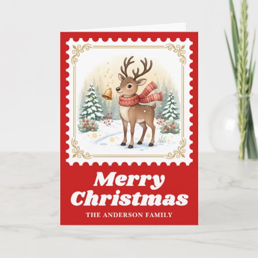Rendier Kerstmis Retro Postzegel Feestdagen Kaart (Voorkant)