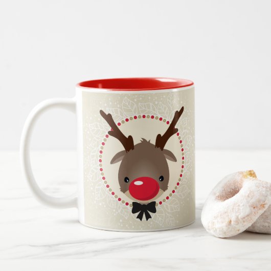 RENDIER KERSTMIS schattige rode neus rudolph ivoor Tweekleurige Koffiemok (Met donut)