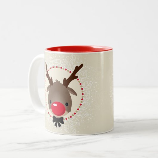 RENDIER KERSTMIS schattige rode neus rudolph ivoor Tweekleurige Koffiemok (Voorkant links)