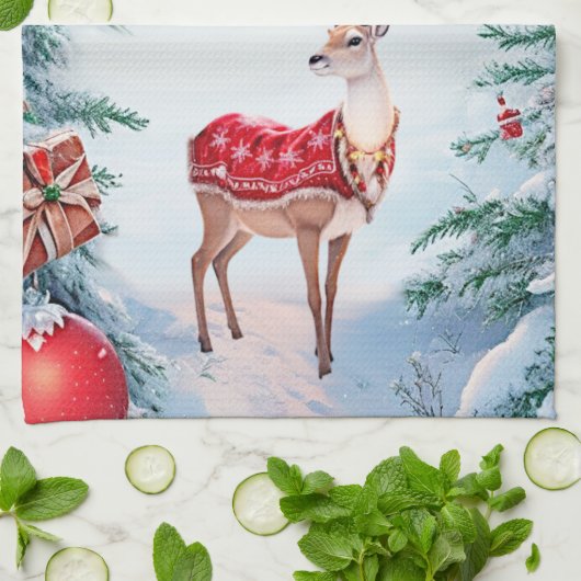 Rendier Kerstvakantie Keukenhanddoek (Gevouwen)