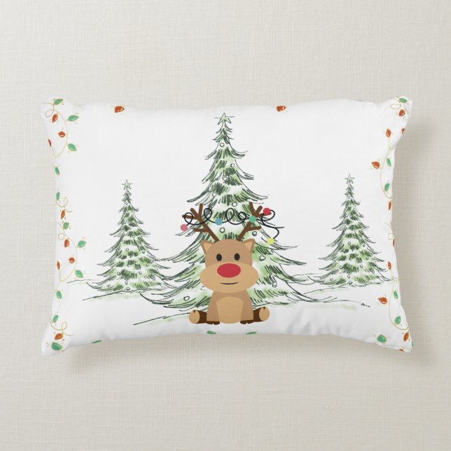 Rendier Kerstvakantie Lichten Winterbomen Accent Kussen (Voorkant)