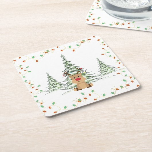 Rendier Kerstvakantie Lichten Winterbomen Kartonnen Onderzetters (Schuin)