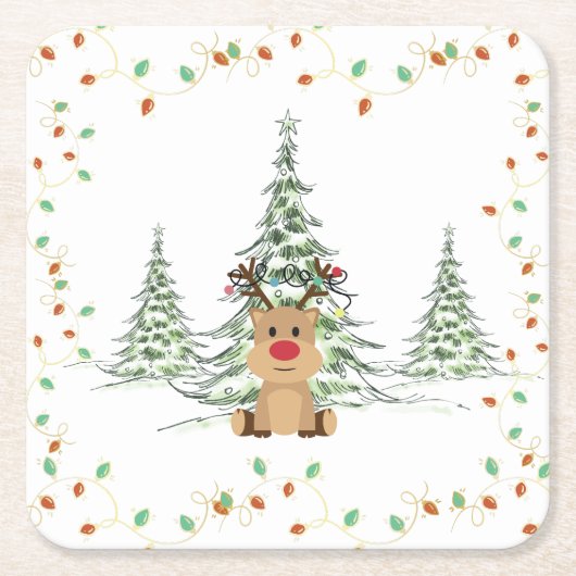 Rendier Kerstvakantie Lichten Winterbomen Kartonnen Onderzetters (Voorkant)