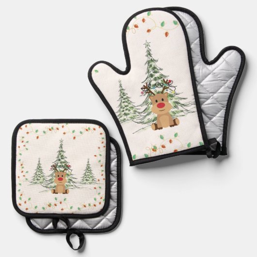 Rendier Kerstvakantie Lichten Winterbomen Ovenwant & Pannenlap Set (Voorkant / Achterkant)