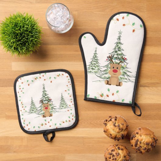 Rendier Kerstvakantie Lichten Winterbomen Ovenwant & Pannenlap Set (Top down)