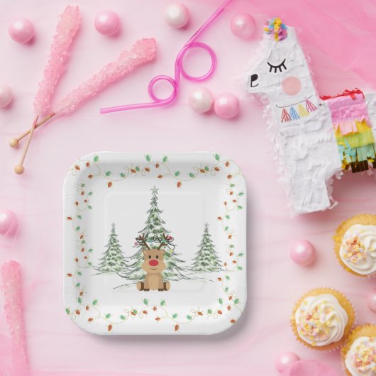 Rendier Kerstvakantie Lichten Winterbomen Papieren Bordje (Feest)