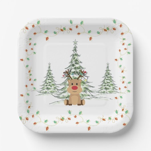Rendier Kerstvakantie Lichten Winterbomen Papieren Bordje (Voorkant)
