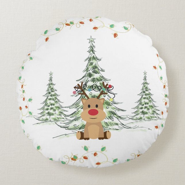 Rendier Kerstvakantie Lichten Winterbomen Rond Kussen (Voorkant)