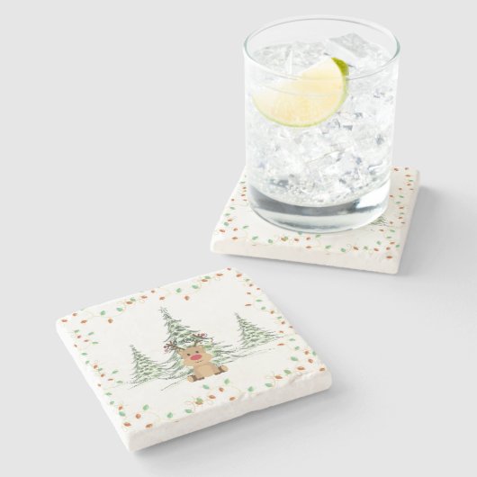 Rendier Kerstvakantie Lichten Winterbomen Stenen Onderzetter (Zijkant)