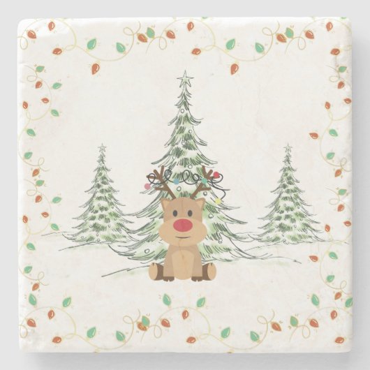 Rendier Kerstvakantie Lichten Winterbomen Stenen Onderzetter (Voorkant)