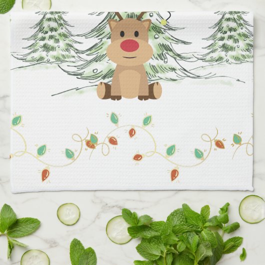 Rendier Kerstvakantie Lichten Winterbomen Theedoek (Gevouwen)