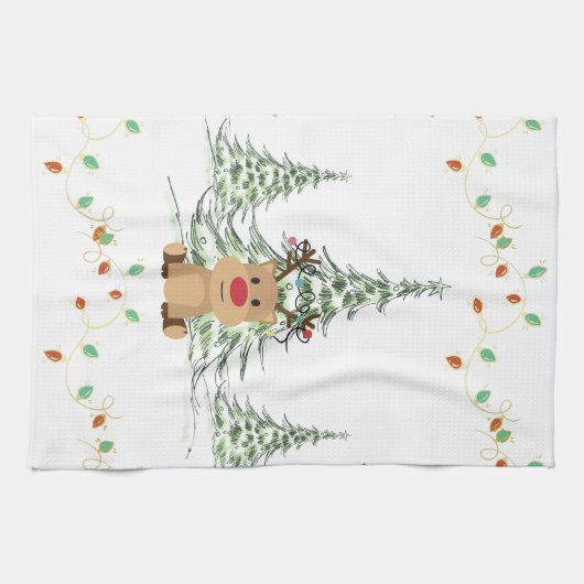 Rendier Kerstvakantie Lichten Winterbomen Theedoek (Horizontaal)