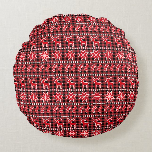 Rendier Kous Fair Isle Kerstpatroon Rond Kussen (Voorkant)