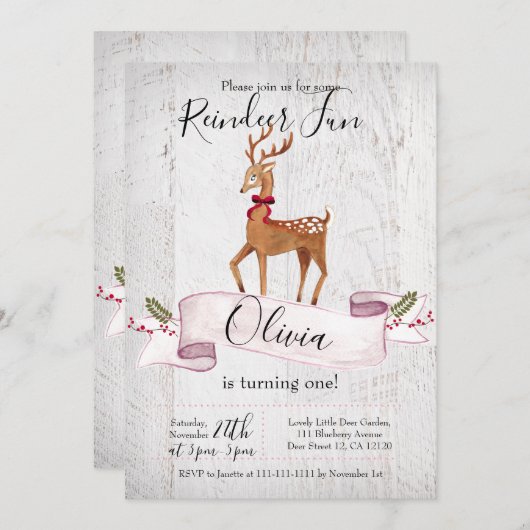Rendier Leuke eerste verjaardag uitnodiging (Voorkant / Achterkant)