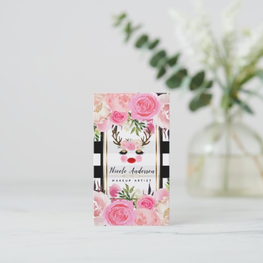 Rendier Make-up Gouden Glitter Ogen Roze Bloemen Visitekaartje (Staand voorkant)