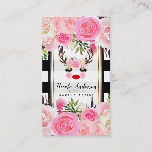 Rendier Make-up Gouden Glitter Ogen Roze Bloemen Visitekaartje (Voorkant)