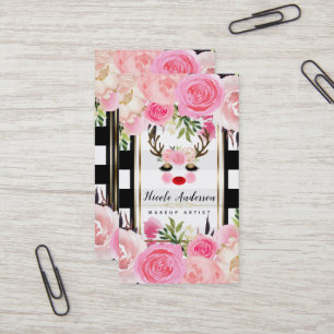 Rendier Make-up Gouden Glitters Ogen Roze Bloemen Visitekaartje