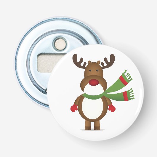 rendier met een groene spoelfles button flesopener (Voorkant)