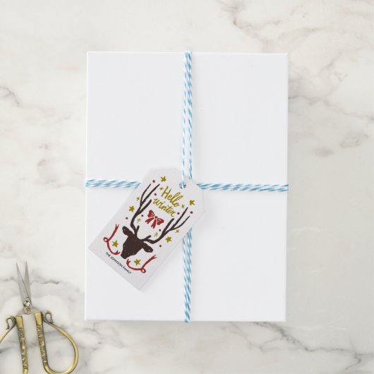 Rendier met Gouden Kerstmis Hand getrokken Cadeaulabel (Met Touw)