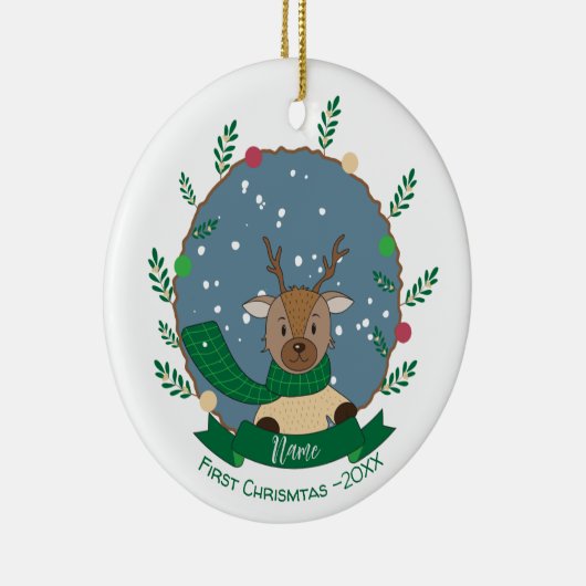 Rendier met Groene Sjaal 1e Kerstmis Ornament (Rechts)