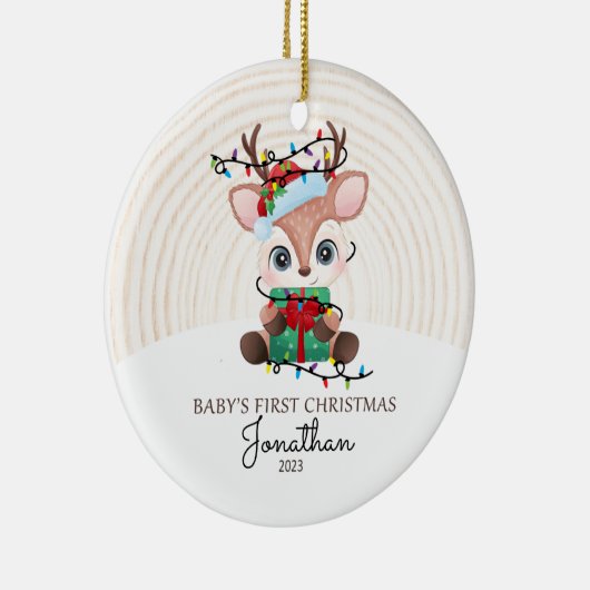 Rendier met Lichten Baby Eerste Kerstmis Keramisch Ornament (Rechts)