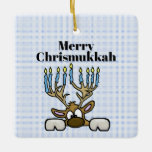 rendier met Menorah Antlers Chrismukkah Ornament<br><div class="desc">Dit ornament is voorzien van mijn joodse rendieren wier geweien een Menorah zijn. De tekst op dit ornament is klantgericht om u of uw ontvanger aan te passen. Ontworpen door: Sheila Cicchi,  Brownielocks.com. Alle rechten voorbehouden. OPMERKING: vanwege de ontwerpstijl kan dit alleen worden aangeschaft op SQUARE-ornamenten.</div>