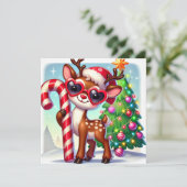 Rendier met snoepriet & Kerstboom Feestdagenkaart (Staand voorkant)