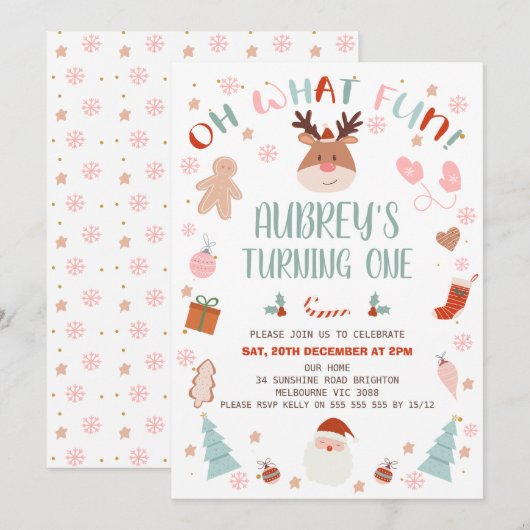 Rendier Oh Wat Een Pret Kerstmis 1e Verjaardag Kaart (Voorkant / Achterkant)