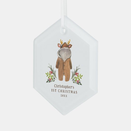 Rendier Outfit Baby's 1e Kerstversiering Glas Ornament (Voorkant links)