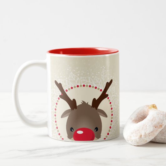 RENDIER PEEKING schattige rode neus rudolph ivoor  Tweekleurige Koffiemok (Met donut)