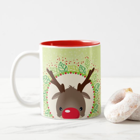 RENDIER PEEKING schattige rode neus rudolph limoen Tweekleurige Koffiemok (Met donut)