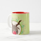 RENDIER PEEKING schattige rode neus rudolph limoen Tweekleurige Koffiemok (Voorkant links)