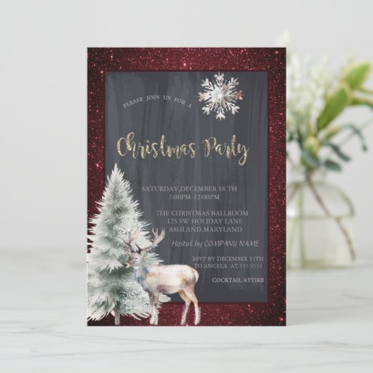 Rendier Pine Tree Red Glitter Kerstmis Kaart (Staand voorkant)