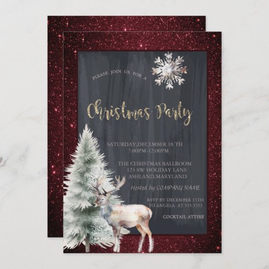 Rendier Pine Tree Red Glitter Kerstmis Kaart (Voorkant / Achterkant)