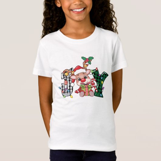 Rendier Plaid Letters JOY Kerstmis Tekst T-shirt (Voorkant)