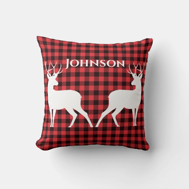 Rendier Red & Black Tartan Patroon Buffel Plaid Kussen (Voorkant)