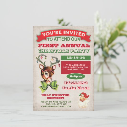 Rendier Retro Kerstfeest Uitnodiging (Staand voorkant)